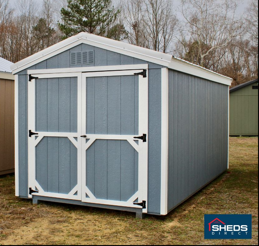 blue with white trim shed