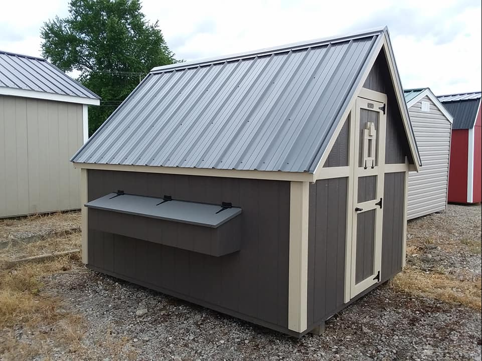 gray with white trim chickencoop